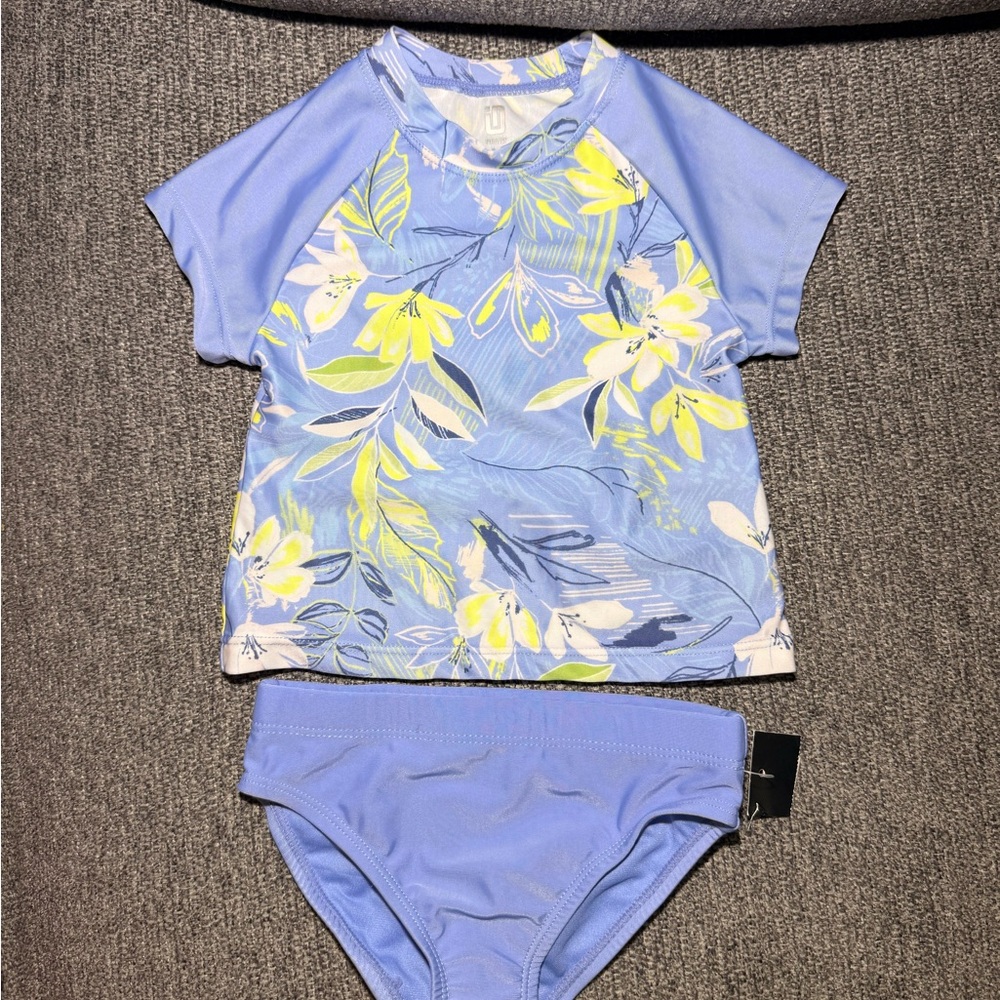 NWT- Ideology Short Sleeve Swim suit set shirt and short Blue Floral 3T